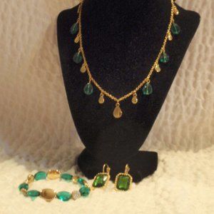 Emerald , rhinestone gold tone necklace, post earring and bracelet